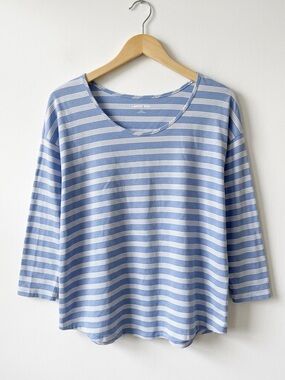 Lands' End Periwinkle Blue and White Striped Scoopneck 3/4 Sleeve Breezy Tee